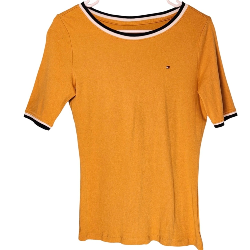 Tommy Hilfiger Women's Mustard Yellow Short Sleeve‎ T-Shirt Small Preppy Sporty